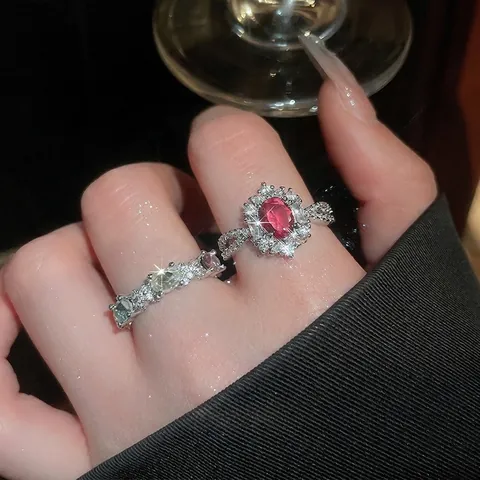 Ovaler Rosa Zirkon Offener Ring Kupfer Versilbert Verstellbar Vintage Elegant Finger Schmuck Für Frauen Accessoires