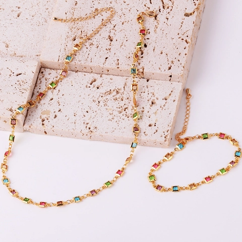 Necklace Bracelet 18K Gold Plated Copper Colorful Square Zircon Thin Chain Adjustable Ethnic Fashion Jewelry For Women