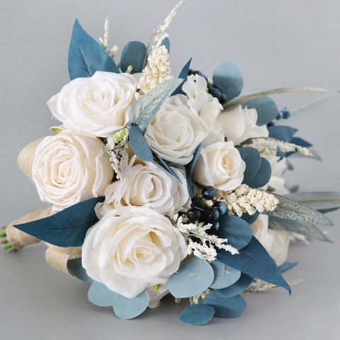 Künstlicher Brautstrauß Satin Weiße Rose Blaue Eukalyptus Wasserfall Kaskade Stil Hochzeit Blumen Fotografie Requisite