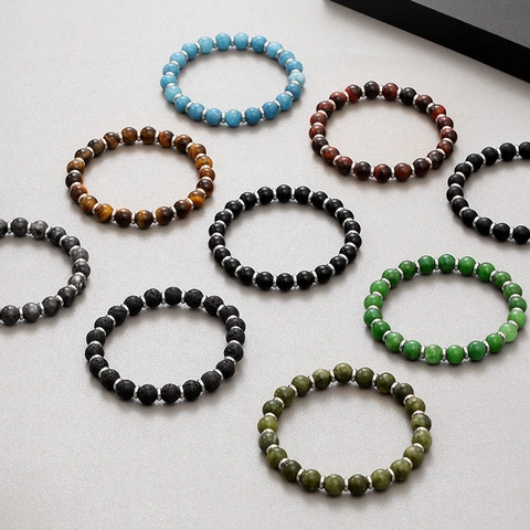 Natural Stone Beaded Bracelet With Stainless Steel Spacers Elastic Minimalist Geometric Jewelry For Women Men