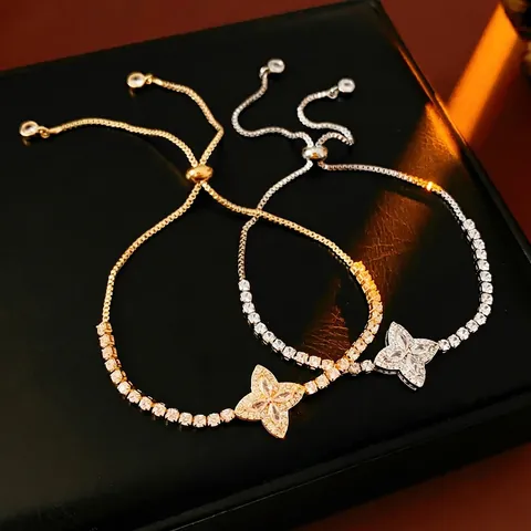 Adjustable Flower Bracelet Cubic Zirconia Copper Sparkly Luxury Elegant Hand Jewelry Gift For Women