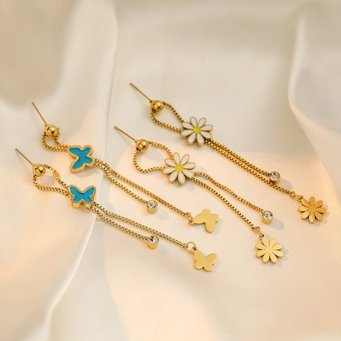 Butterfly Flower Tassel Earrings 18K Gold Plated Titanium Steel Enamel Zircon Elegant Long Chain Jewelry For Women