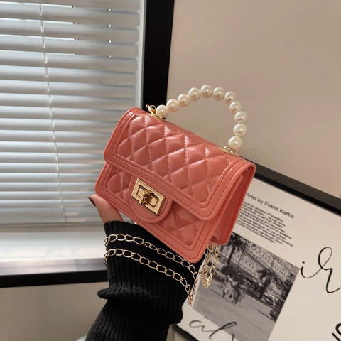 Mini Kids Jelly Shoulder Bag PVC Quilted Crossbody With Faux Artificial Pearl Handle And Gold Chain Strap For Girls