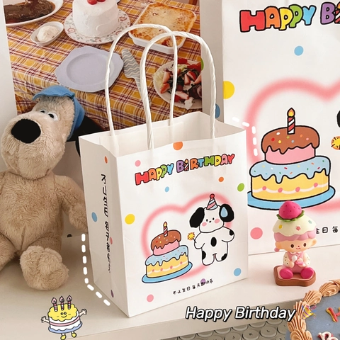 Cute Cartoon Animal Gift Paper Bag Handheld Birthday Party Favor Wrapping Carry Tote With Handles Portable Kraft White
