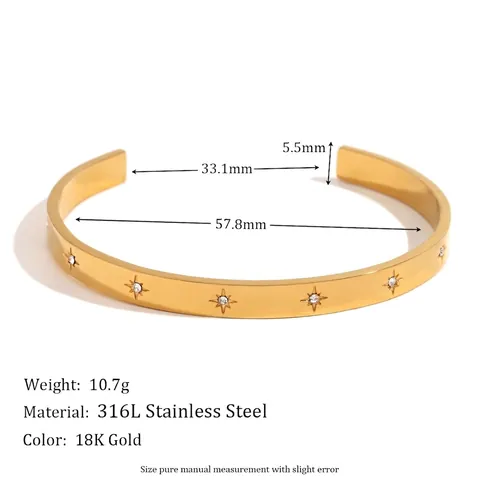 Minimalist Stainless Steel Open Cuff Bangle For Women 18K Gold Plated Eight Pointed Star Rhinestone Inlaid Bracelet Jewelry