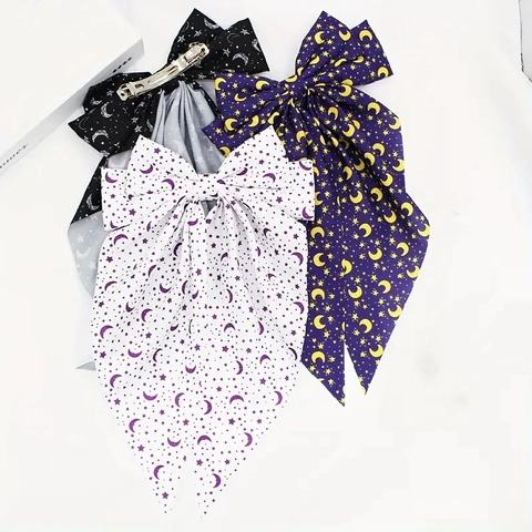 Grande Barrette À Cheveux Noeud Imprimé Étoile Lune Tissu Long Ruban Pince À Ressort Style Lolita Pour Femmes