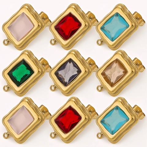 Edelstahl Ohrstecker Mit Bunten Rechteckigen Zirkonia Und Vergoldung Wellenrand Geometrischer Retro Stil Schmuck