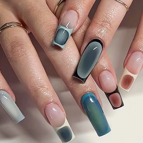 French Cat Eye Fake Nails Long Square Shape Marble Pattern Artificial Nails For Women