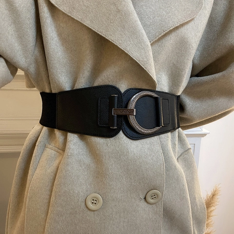Ceinture Élastique Large Vintage Pour Femmes Serre-Taille En Cuir PU Avec Boucle Métallique Ronde Gravée Rétro Accessoire De Mode