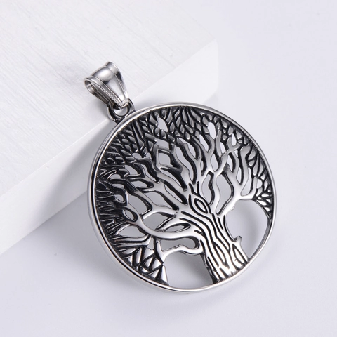 Tree Of Life Pendant Necklace 304 Stainless Steel Hollow Round Nordic Viking Style Vintage For Men Women
