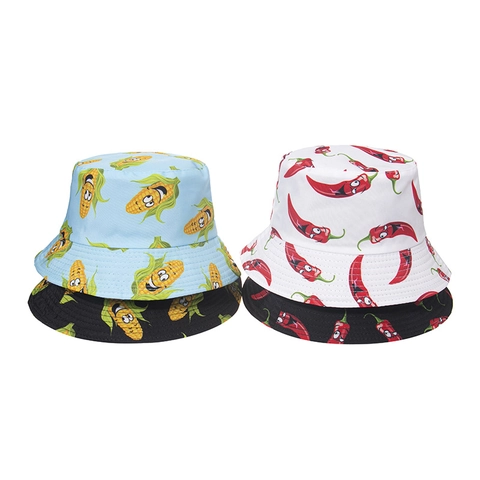 Bucket Hat Polyester Double Sided Cartoon Vegetable Corn Eggplant Chili Print Summer Outdoor Sunscreen Sunshade Women