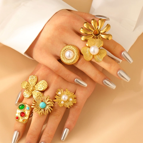 Bohemian Stainless Steel Rings Gold Plated Faux Artificial Pearl Turquoise Retro Flower Adjustable Chunky Finger Jewelry For Women
