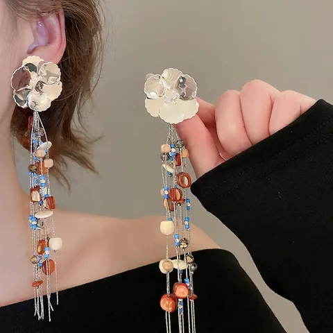 Pendientes Bohemios De Flores Con Borlas Cuentas Concha Resina Con Poste Plata De Ley 925 Estilo Colgante Vintage Mujer