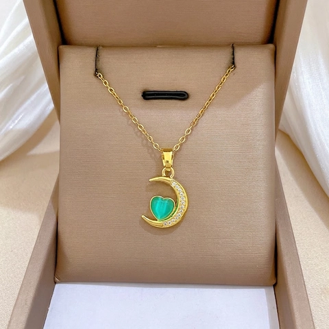 Collana Pendente Luna Cuore Gemma Verde Catena Acciaio Inossidabile Rame Zircone Gioielli Eleganti Donne