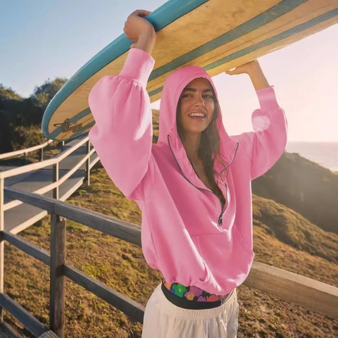 Women Half Zip Hoodie Long Sleeve Oversized Sweatshirt Hooded Pullover With Kangaroo Pocket Athletic Casual Outerwear