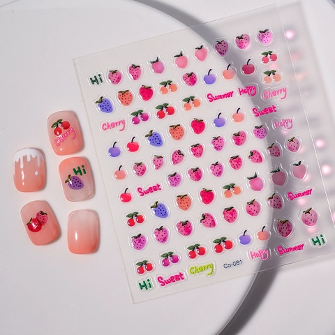 Stickers Nail Art Relief 5D Motifs Fruits Orange Fraise Auto Adhésifs Imperméables Décor Manucure