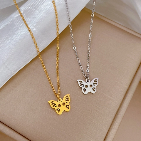 Collana Con Ciondolo Farfalla Svuotata In Acciaio Al Titanio Placcato Oro Sottovuoto Elegante Minimalista Stile Ins Per Donna