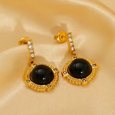 Pendientes Colgantes Redondos Vintage De Acero Inoxidable Chapado En Oro De 18K Con Resina Negra Y Strass Joyería Retro