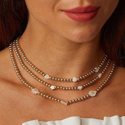 Collar De Cuentas Retro Francés De Acero Inoxidable Con Concha Flor Corazón Estrella Chapado En Oro Para Mujer