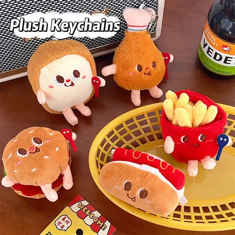 Llavero De Peluche Kawaii Con Forma De Comida Hamburguesa Papas Fritas Pan Tostado Colgante Animal Bolso Gancho Metal
