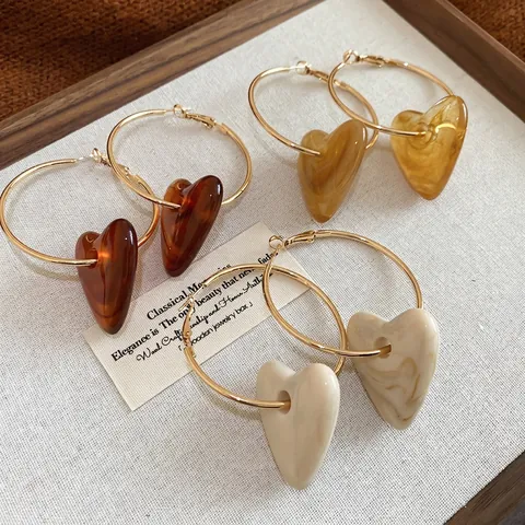 Orecchini A Cerchio Dorati Con Pendente A Cuore Resina Acrilica Con Perno In Argento Sterling 925 Gioielli Vintage