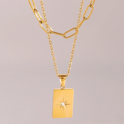 Collar Doble Capa Acero Inoxidable Chapado En Oro Cadena Eslabones Colgante Estrella Rectangular Joyería Minimalista