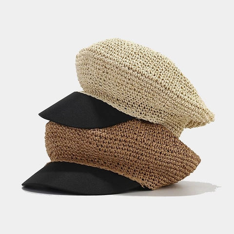 Berretto Newsboy In Paglia Intrecciata Vintage Traspirante Vacanze Estive Cappello Baker Boy Donna Stile Francese Contrasto