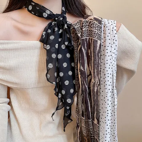 Dames Retro Elegante Satijnn Sjaal Ketting Stip En Dierenprint Lange Chiffon Sjaal Decoratieve Ketting Koreaanse Stijl