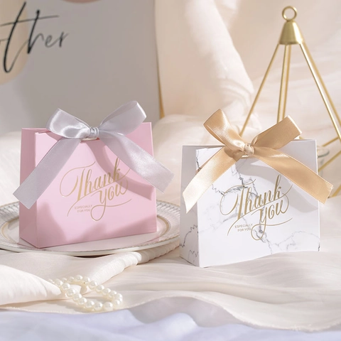 Elegant Wedding Favor Boxes Paper Candy Bags With Ribbon Bow Thank You Foil Print Party Gift Packaging For Guests