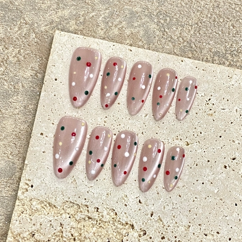 Uñas Postizas para Presionar de Ojo de Gato Hechas a Mano Forma de Almendra Lunares de Colores Mujeres