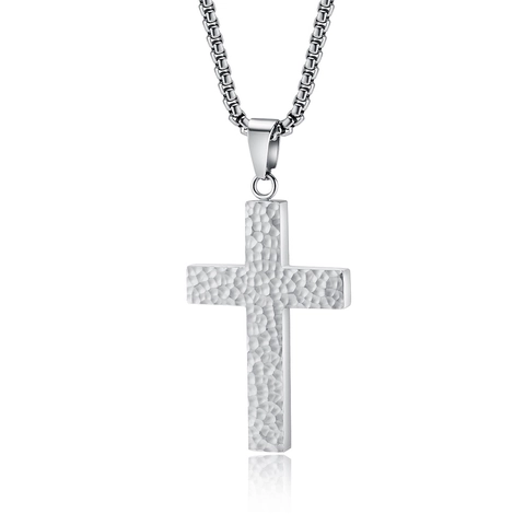 Collar de Cruz de Acero Inoxidable Martillado a Mano Para Hombre Mujer Textura Irregular Colgante Religioso Minimalista Joyería