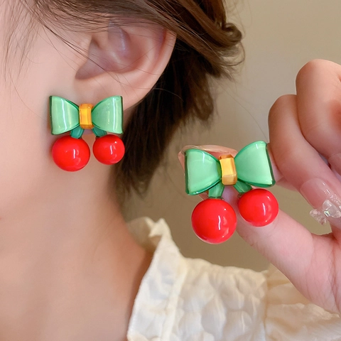 Cherry Fruit Stud Earrings Acrylic With 925 Sterling Silver Earring Post Contrasting Color Bow Knot Cute Sweet Jewelry