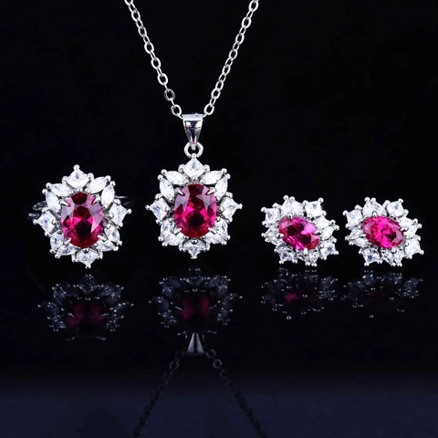 Luxury Red Rhinestone Flower Jewelry Copper Inlaid Pendant Ring Earrings For Women Elegant Banquet Wedding Party Accessory