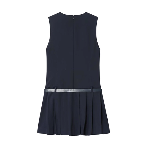 Vestido Corto Sin Mangas Mujer Poliéster Cintura Alta Botones Frontales Elegante Plisado Color Sólido Con Cinturón Azul Marino