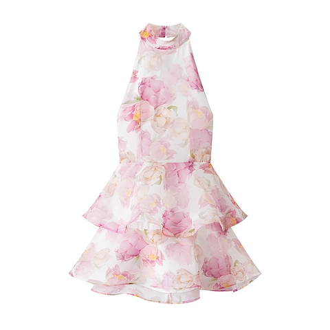 Vestito Mini Floreale con Scollo all'Americana Schiena Scoperta Bordo a Balze Senza Maniche Estivo Vacanza Aderente Donna