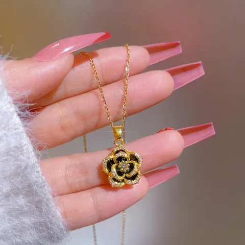 Camellia Blume Anhänger Halskette Titanstahl Kette Kupfer Zirkon Elegant Retro Schmuck Für Damen