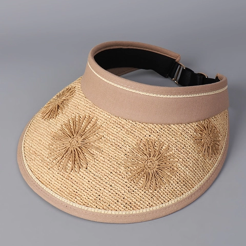 Visiera Parasole Da Donna Cappello Di Paglia Tesa Larga Pieghevole Fiore Ricamato Regolabile Estate Spiaggia Moda