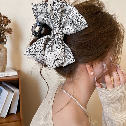Molletta Per Capelli Grande Fiocco Stampa Paisley Tessuto Acrilico Accessorio Elegante Per Donna