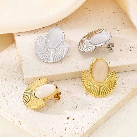 Vintage Stainless Steel Square Fan Earrings For Women Gold Silver Plated Rhinestone Artificial Cat Eye Stone Stud Earrings