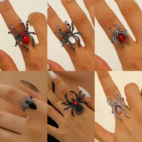 Bagues Araignée Punk Gothique Exagérées pour Femmes Incrustées de Strass Alliage de Zinc Bague Ouverture Réglable Bijoux Halloween