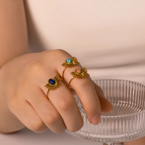 Anello Regolabile Sole Boho Acciaio Inossidabile Placcato Oro 18K Pietra Ovale Stile INS Francese Per Donne