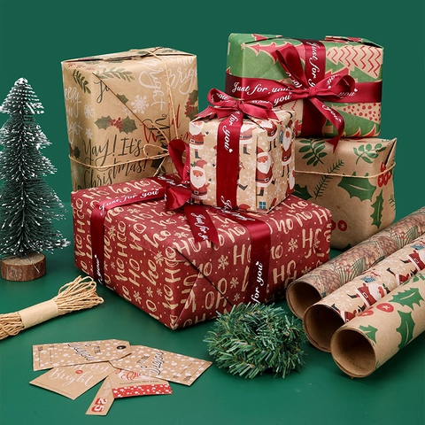 Christmas Gift Wrapping Paper Kraft Recyclable Snowflake Reindeer Star Polka Dot Holiday Birthday Packaging