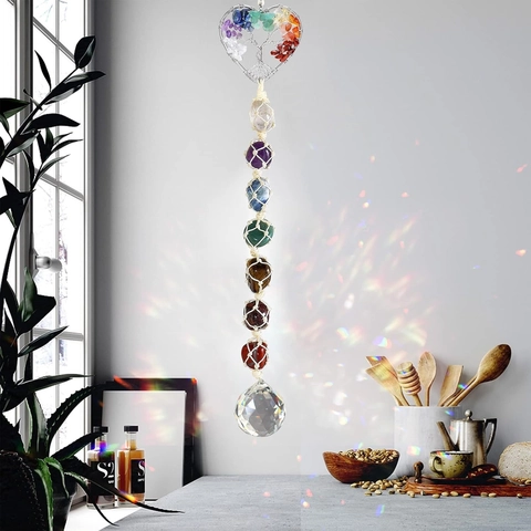 Seven Chakra Tree Of Life Natural Stone Suncatcher Hanging Ornament Crystal Ball Prism Rainbow Maker Healing Home Decor