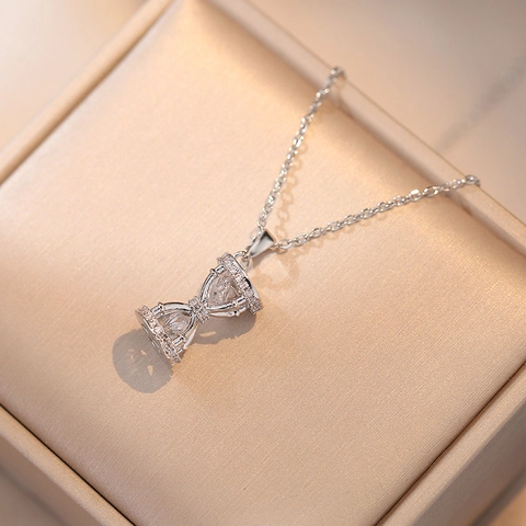 Hourglass Pendant Necklace With Micro Inlaid Zircon Titanium Steel Simple Elegant Fashion Clavicle Chain For Women
