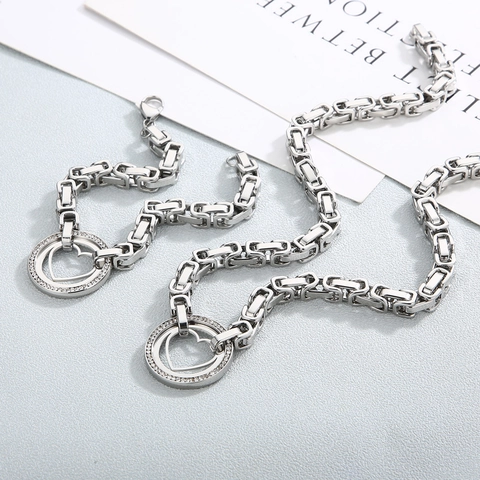 Collier Et Bracelet Chaîne Byzantine Robuste Acier Inoxydable Pendentif Cœur Rond Strass Pour Femmes Style Punk