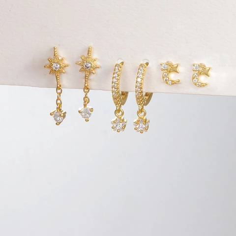 Fashion Star Moon Copper Earrings For Women Gold Plated Zirconia Eight Pointed Star Chain Tassel Drop Studs Jewelry