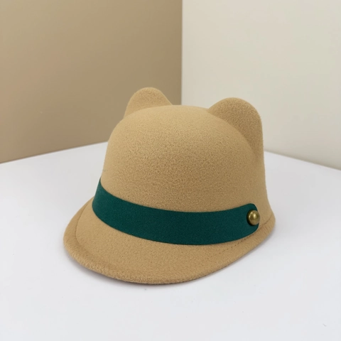 Kids Cute Cat Ears Wool Felt Bowler Hat Equestrian Knight Style Cap With Contrast Ribbon Gold Rivet Accessory For Girls