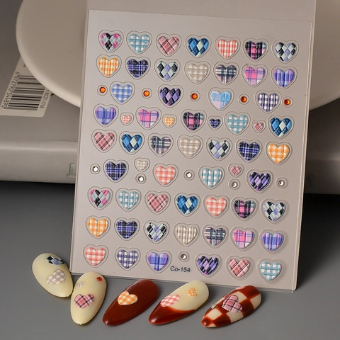 5D Embossed Nail Art Stickers Macaron Flowers Heart Plaid Artificial Pearl Rhinestone Waterproof Self Adhesive Manicure DIY Decoration