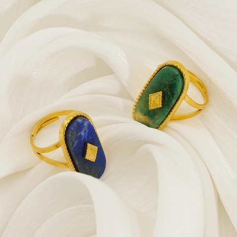 Anillo Ovalado Estilo Francés Vintage Mujeres Acero Inoxidable Chapado Oro Piedra Natural Concha Ajustable Joyería