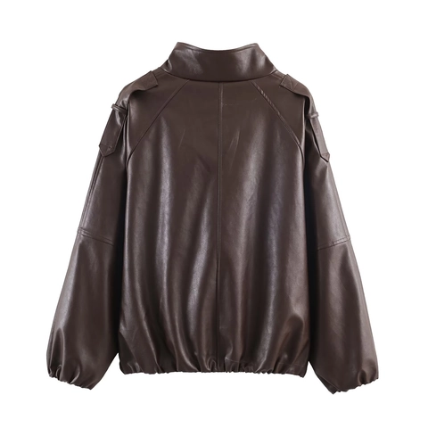Dames PU Kunstleren Jas Opstaande Kraag Lange Mouwen Oversized Casual Bruine Mantel